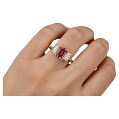 Natural Reddish Pink Sapphire Diamond Gold Three-Stone Engagement Ring