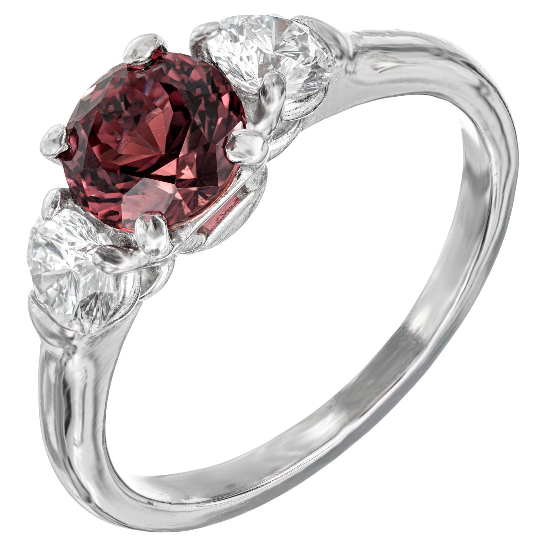 Natural Brown Pink Sapphire Diamond Platinum Three-Stone Engagement Ring
