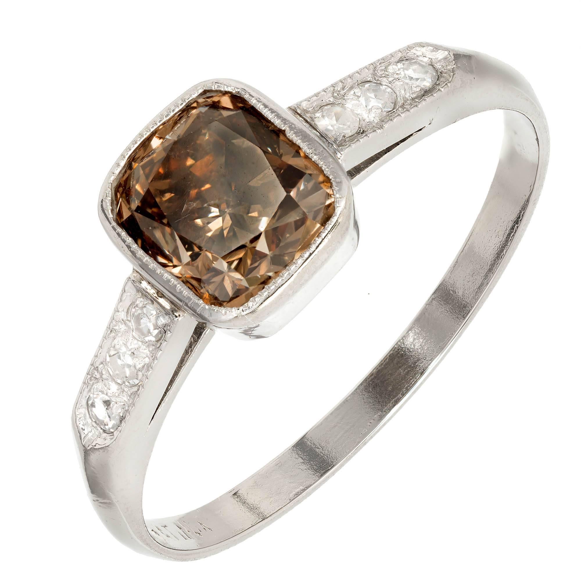 GIA Certified 1.37 Carat Natural Brown Diamond Platinum Engagement Ring For Sale