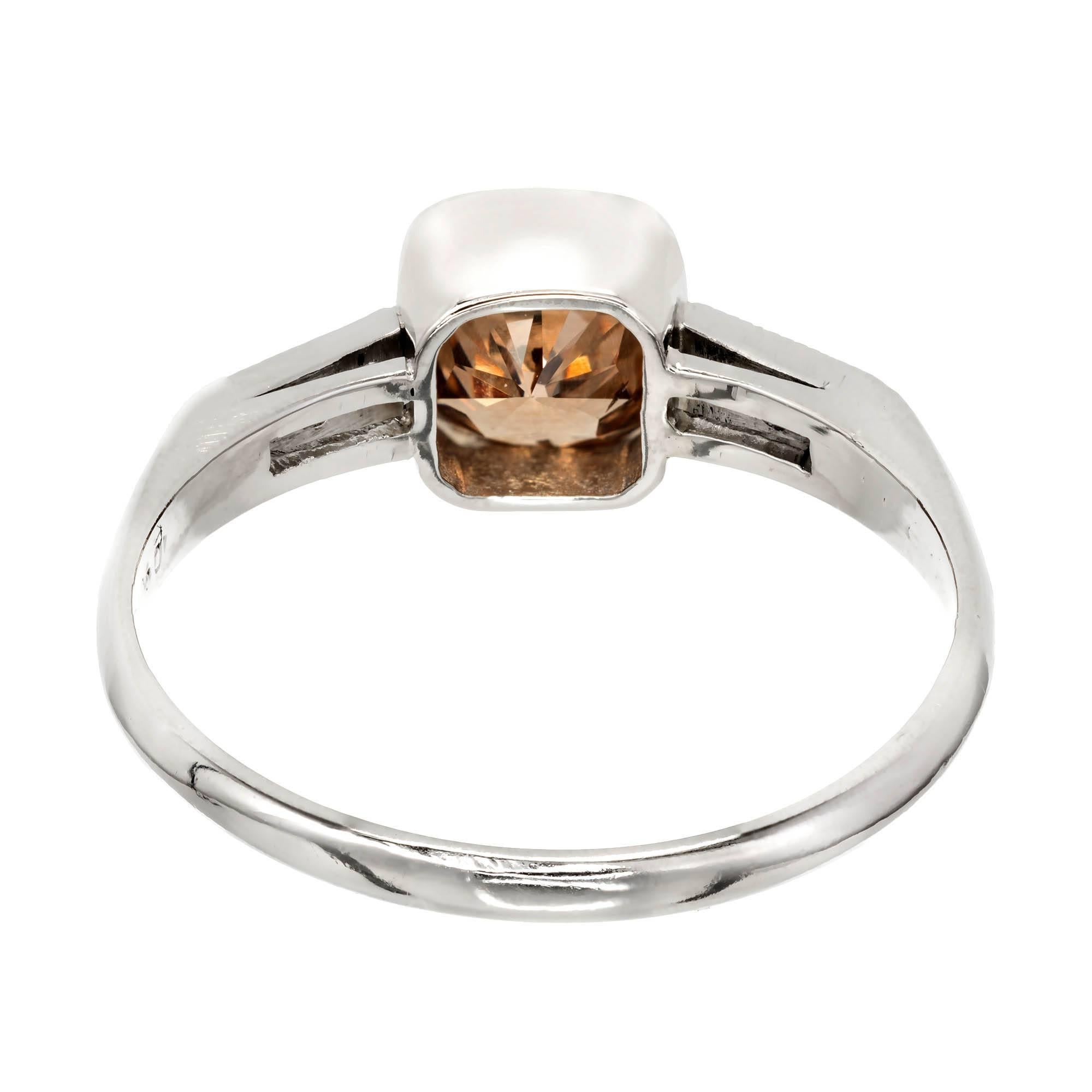 Cushion Cut GIA Certified 1.37 Carat Natural Brown Diamond Platinum Engagement Ring For Sale