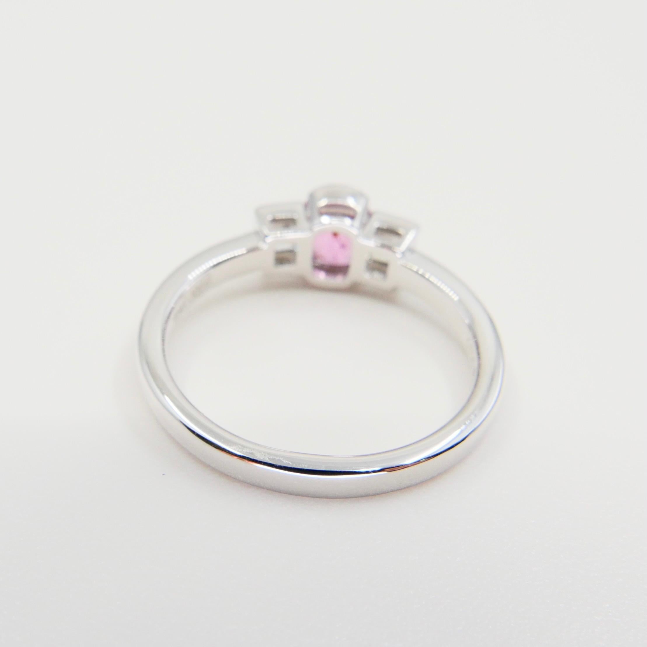 Natural Bubble Gum Pink Spinel & Diamond 3 Stone Cocktail Ring, Glows For Sale 4