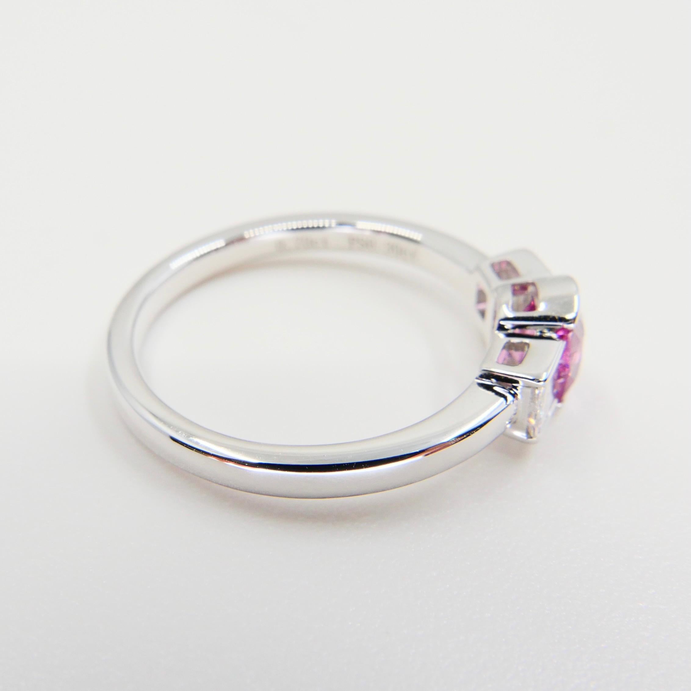 Natural Bubble Gum Pink Spinel & Diamond 3 Stone Cocktail Ring, Glows For Sale 5