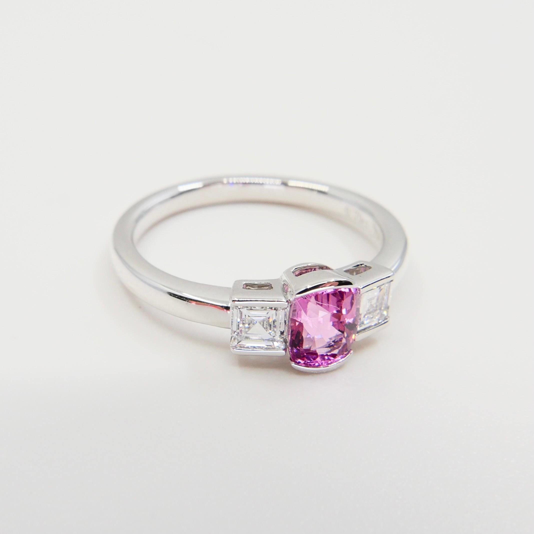 Natural Bubble Gum Pink Spinel & Diamond 3 Stone Cocktail Ring, Glows For Sale 6