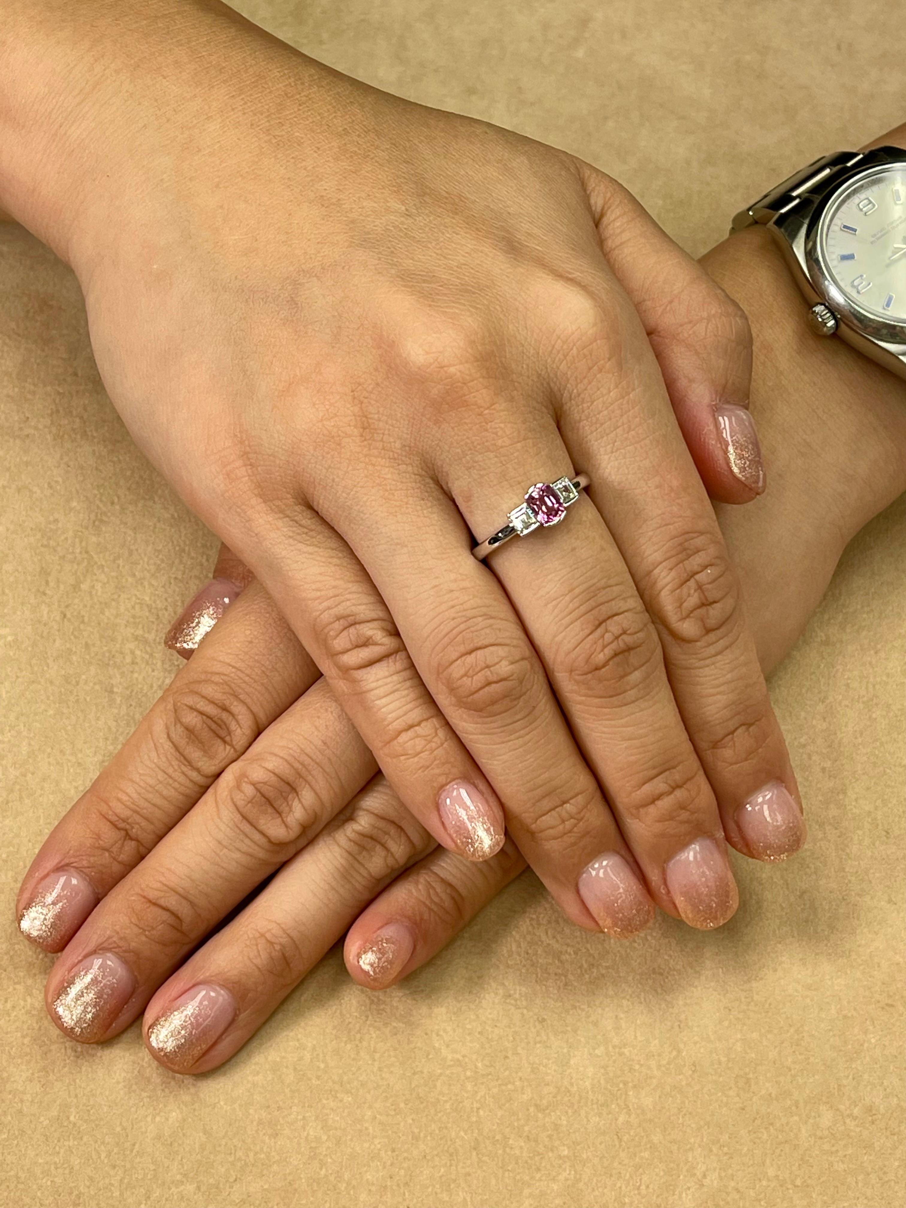 Please check out the HD video. Here is a bubble gum pink Spinel and diamond 3 stone ring. The ring is set in 18k white gold, spinel and step cut diamonds. Out of 300 cts of spinels (last 2 photos) only the best 16 cts were chosen and used in this