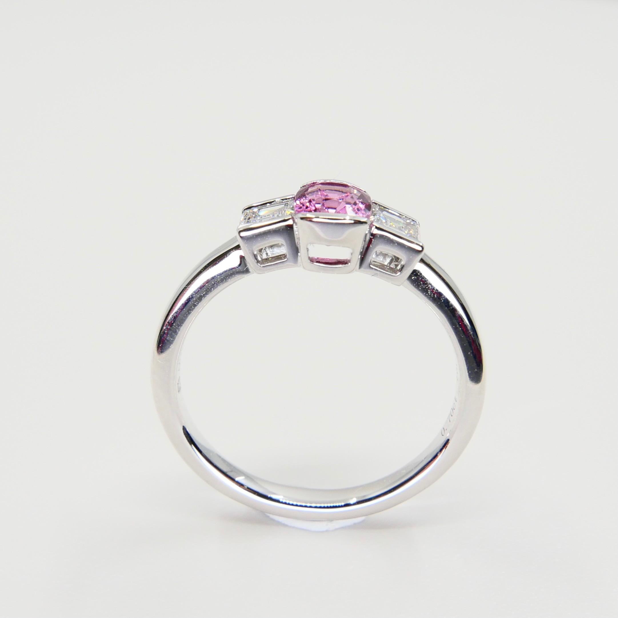 Cushion Cut Natural Bubble Gum Pink Spinel & Diamond 3 Stone Cocktail Ring, Glows For Sale