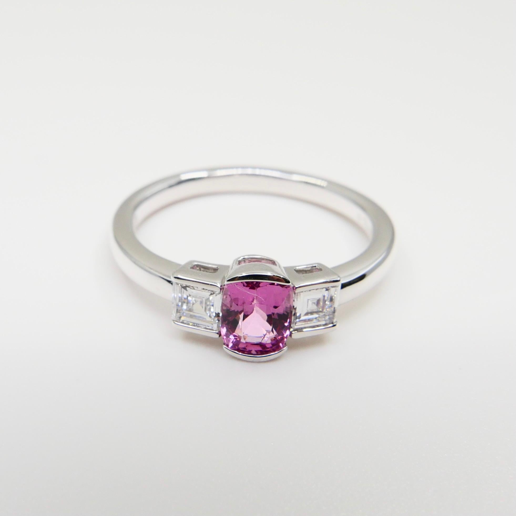 Natural Bubble Gum Pink Spinel & Diamond 3 Stone Cocktail Ring, Glows For Sale 1