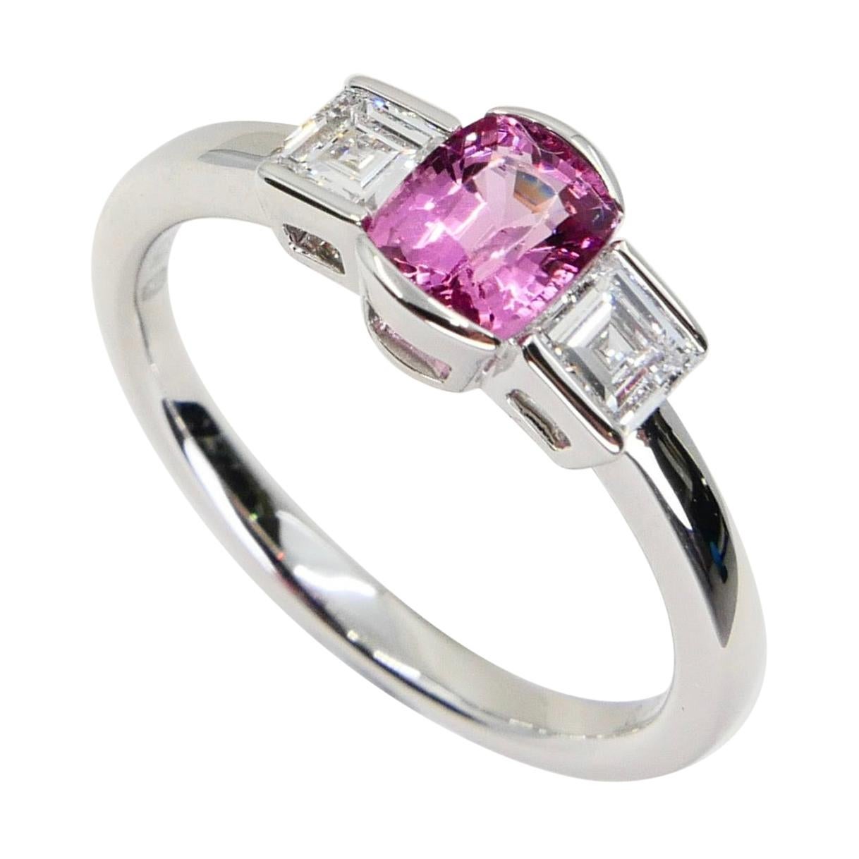 Natural Bubble Gum Pink Spinel & Diamond 3 Stone Cocktail Ring, Glows For Sale