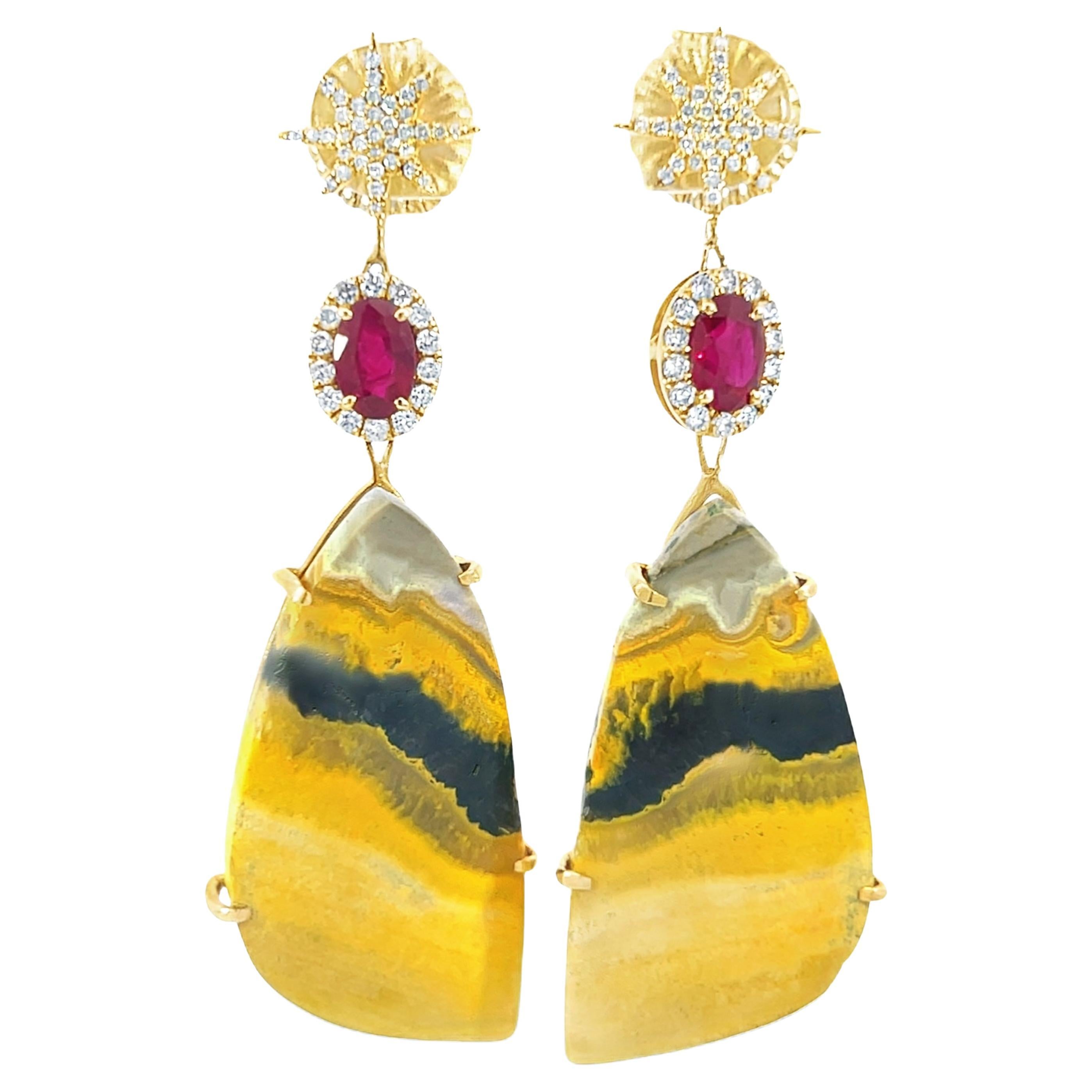 Natural Bumblebee Jasper, Ruby and Diamond Dangle Earrings