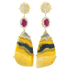 Pendientes colgantes de jaspe abejorro natural, rubí y diamante