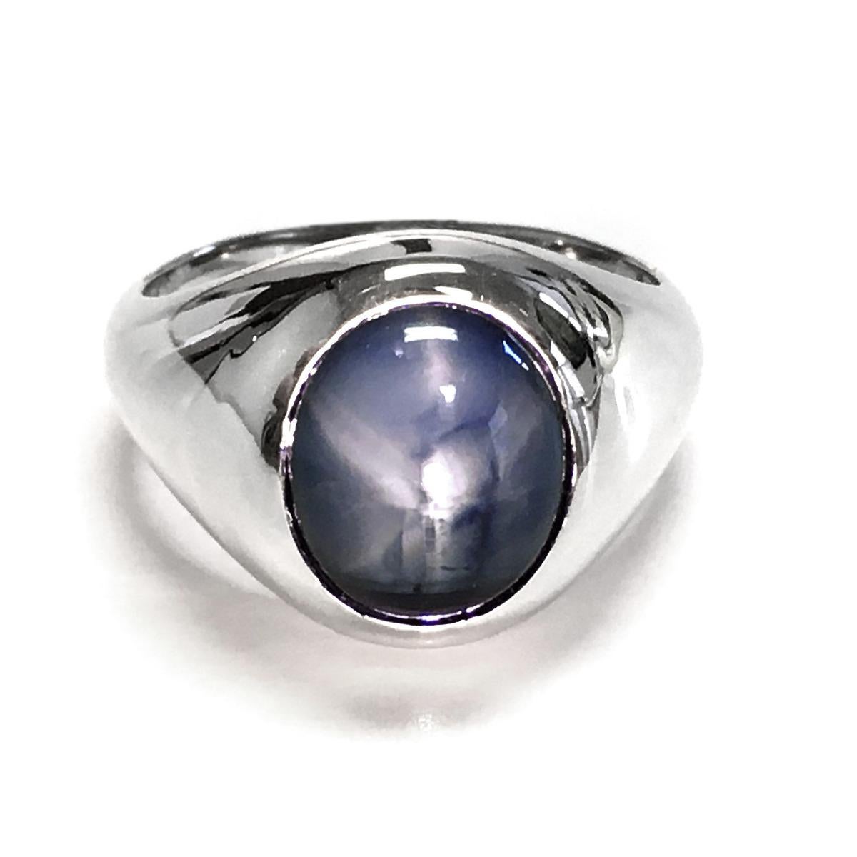 Cabochon Natural Burma Blue Star Sapphire Gemstone 11.37 cts in 14K White Gold Men's Ring For Sale