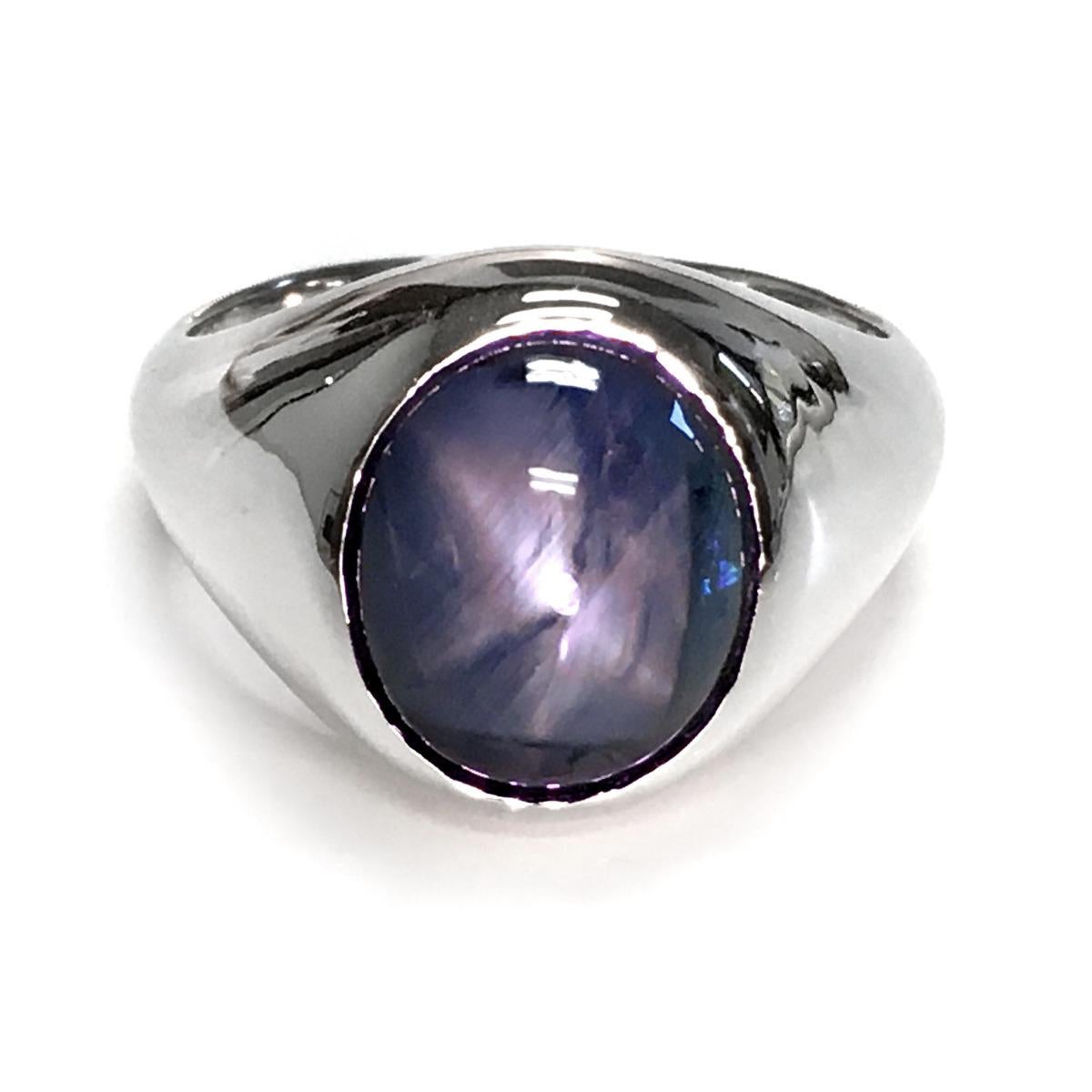 Cabochon Natural Burma Blue Star Sapphire Gemstone 11.71 cts in 14K White Gold Men's Ring For Sale