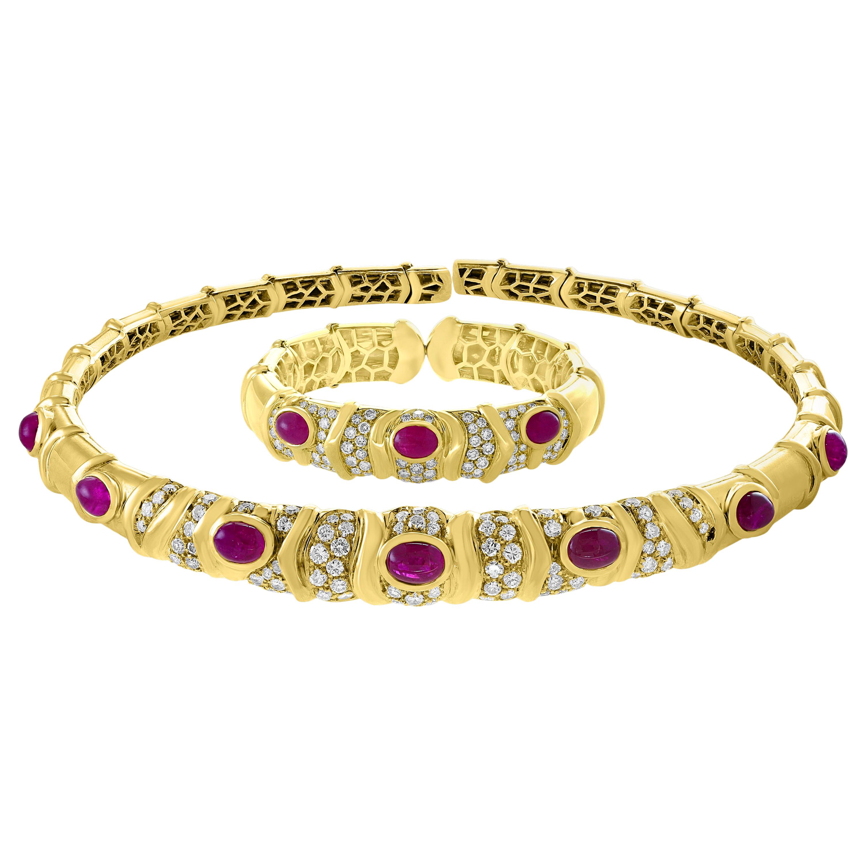 Natural Burma Cabochon Ruby and Diamond Necklace  Set 18 Karat Gold
This Necklace is made out of 18 Karat Yellow gold . Necklace consisting of 7 Oval shape natural Burma ruby having a total weight of approximately 12 carats set with approximately