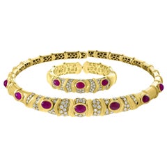 Natural Burma Cabochon Ruby and Diamond Necklace and Bangle Set 18 Karat Gold