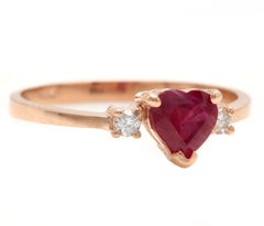 Natural Burma Ruby and Diamond 14K Solid Rose Gold Heart Ring