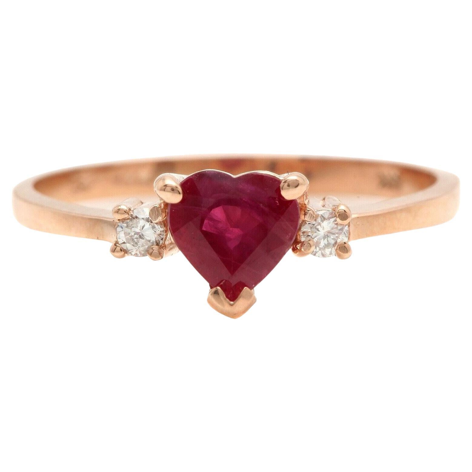 Natürlicher Burma Rubin und Diamant 14K Massiv Rose Gold Herz Ring