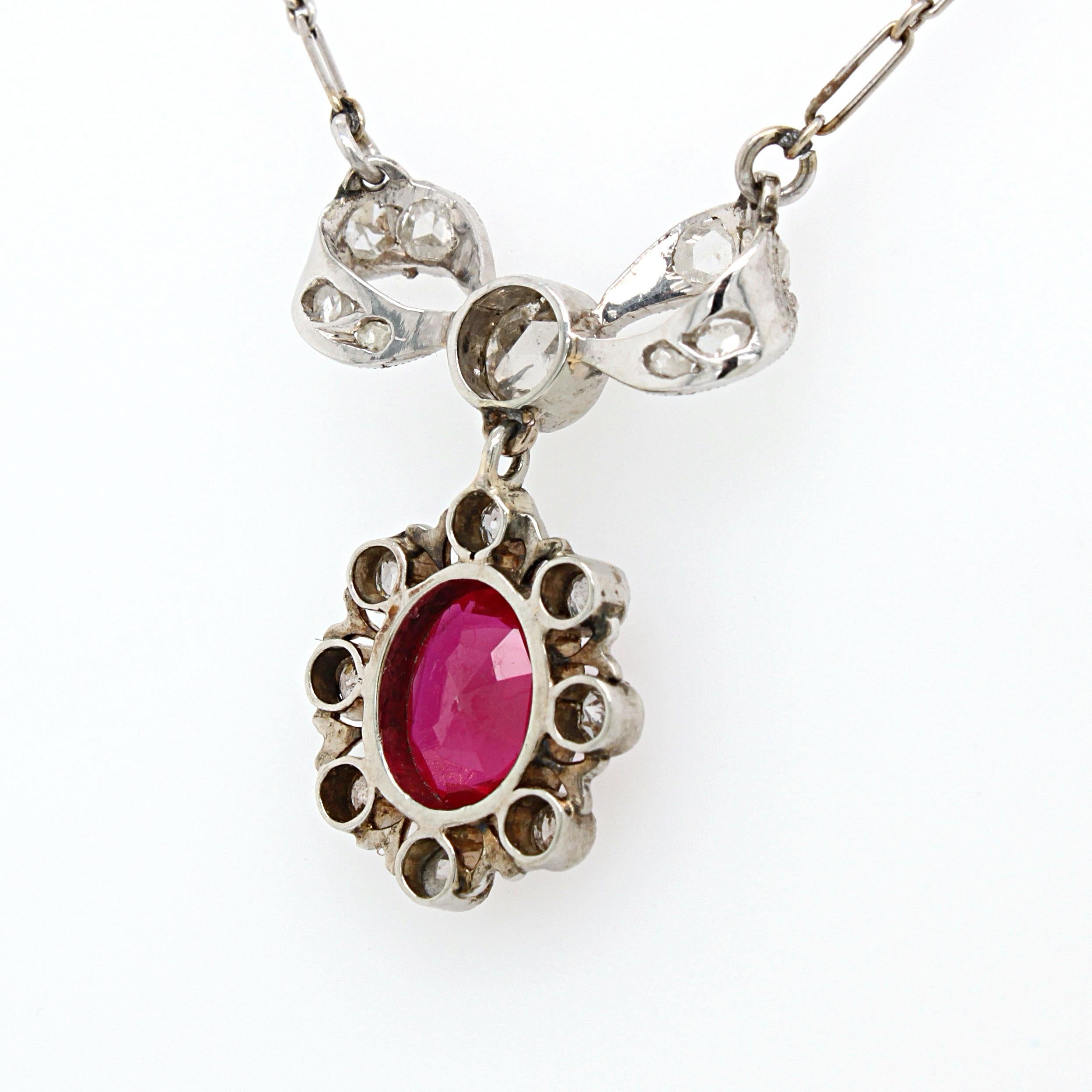 Natural Burma Ruby and Diamond Bow Necklace, Belle Époque, 1910s 3