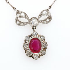 Natural Burma Ruby and Diamond Bow Necklace, Belle Époque, 1910s