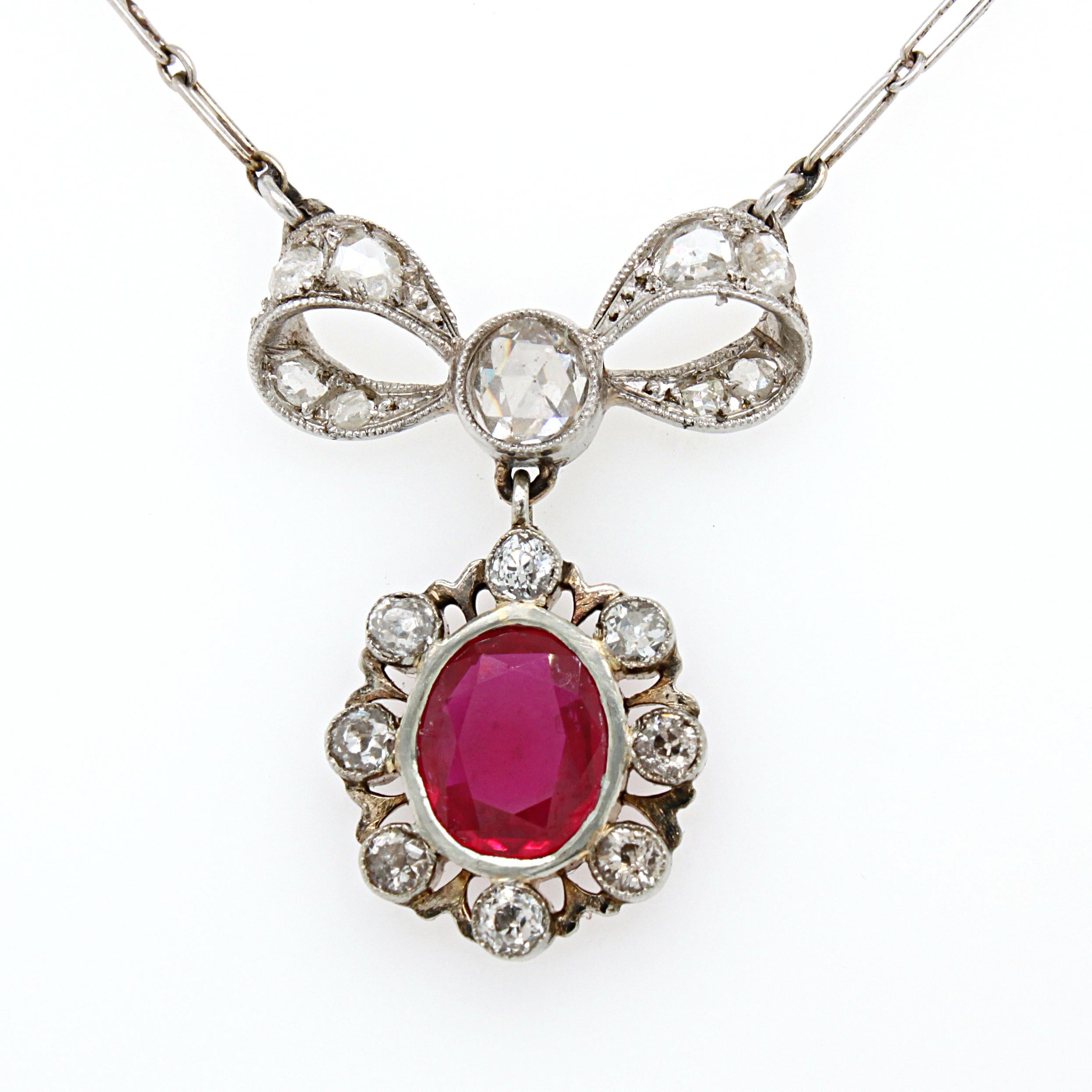 Antique Cushion Cut Natural Burma Ruby and Diamond Bow Necklace, Belle Époque, 1910s