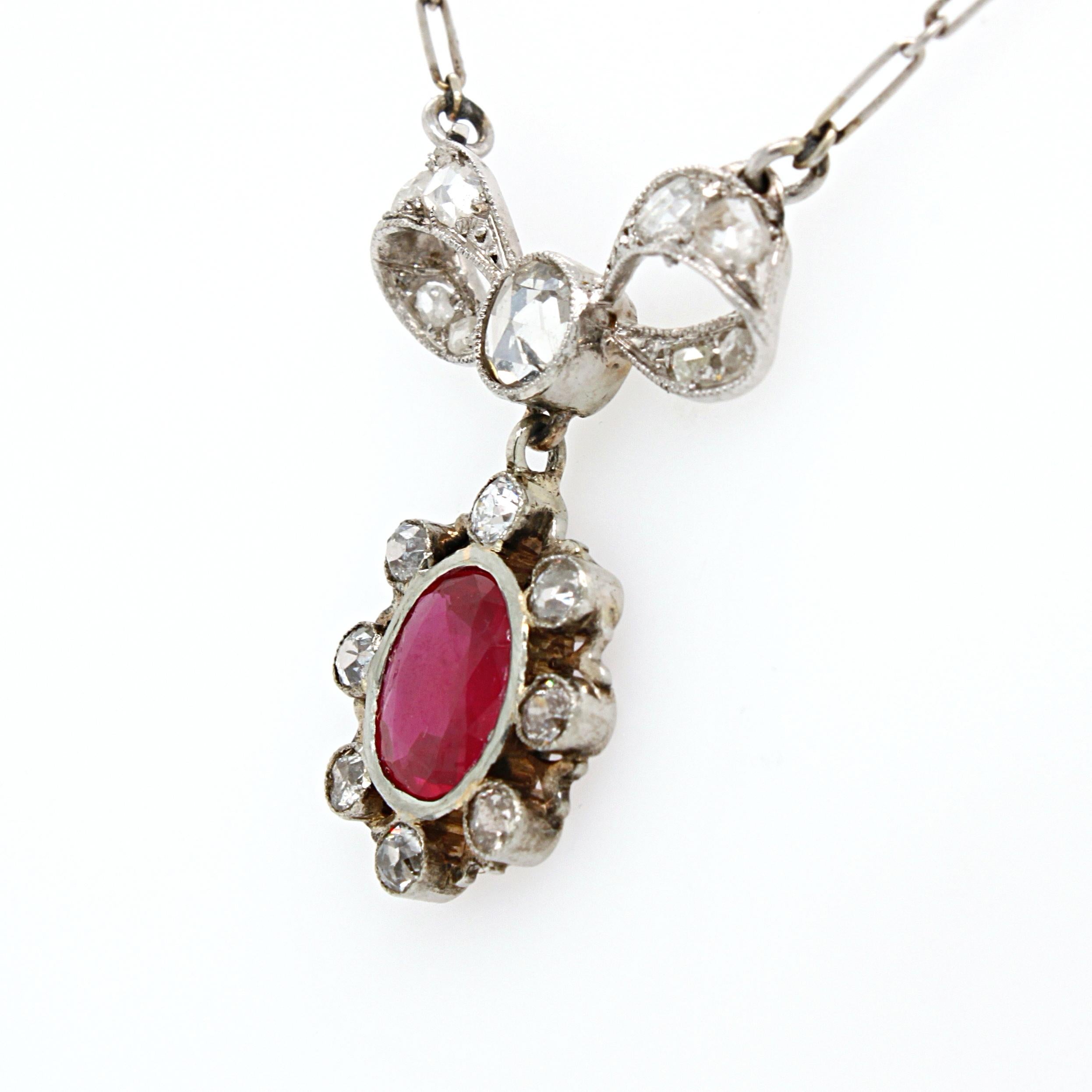 Women's or Men's Natural Burma Ruby and Diamond Bow Necklace, Belle Époque, 1910s