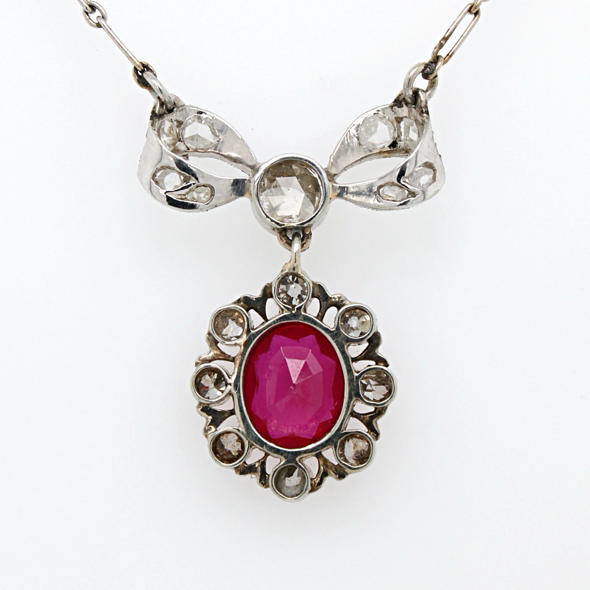 Natural Burma Ruby and Diamond Bow Necklace, Belle Époque, 1910s 1