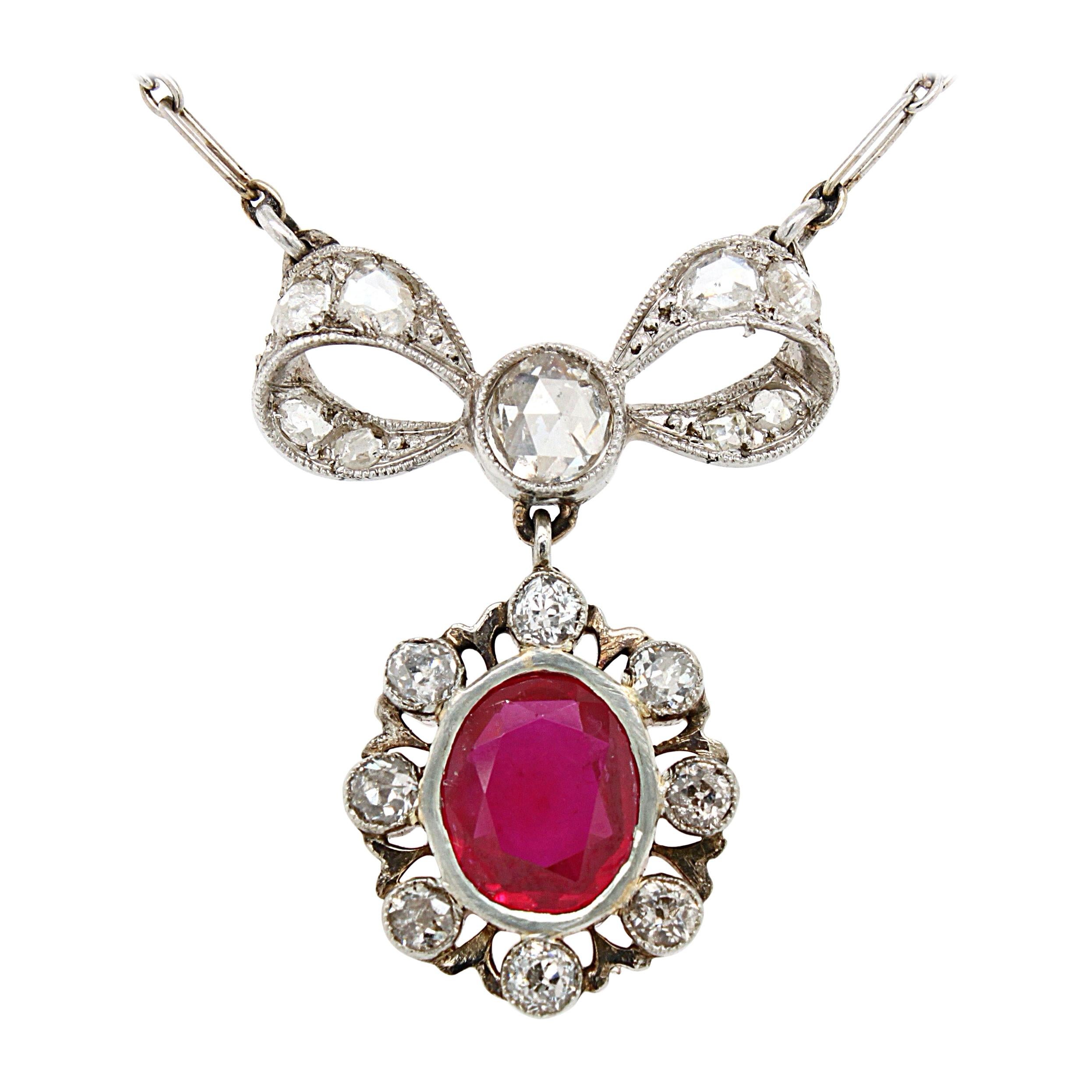 Natural Burma Ruby and Diamond Bow Necklace, Belle Époque, 1910s