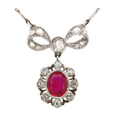 Natural Burma Ruby and Diamond Bow Necklace, Belle Époque, 1910s