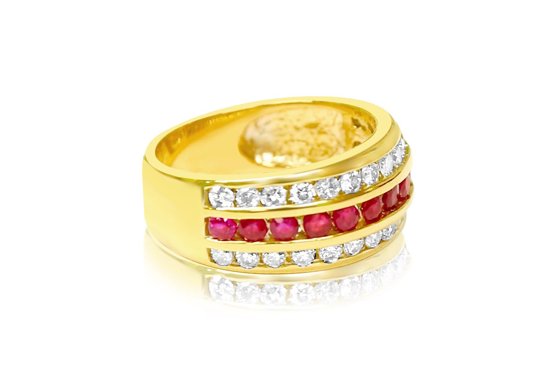 Metal: 14K Yellow Gold. 
1.25 Carat Diamonds. Round brilliant cut. VS clarity, G color. 
Burma ruby TCW: 1.00 Carat, Intense red color. 
All stones set in channel setting.

Gorgeous vintage style diamond and ruby cocktail ring. 

Ring resizing