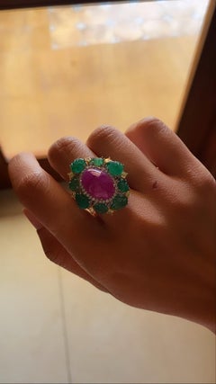 Natural Burma Ruby and Emerald Leaves Ring Set in 18 Karat Gold with Diamonds