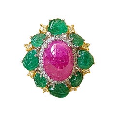 Natural Burma Ruby and Emerald Leaves Ring Set in 18 Karat Gold with Diamonds