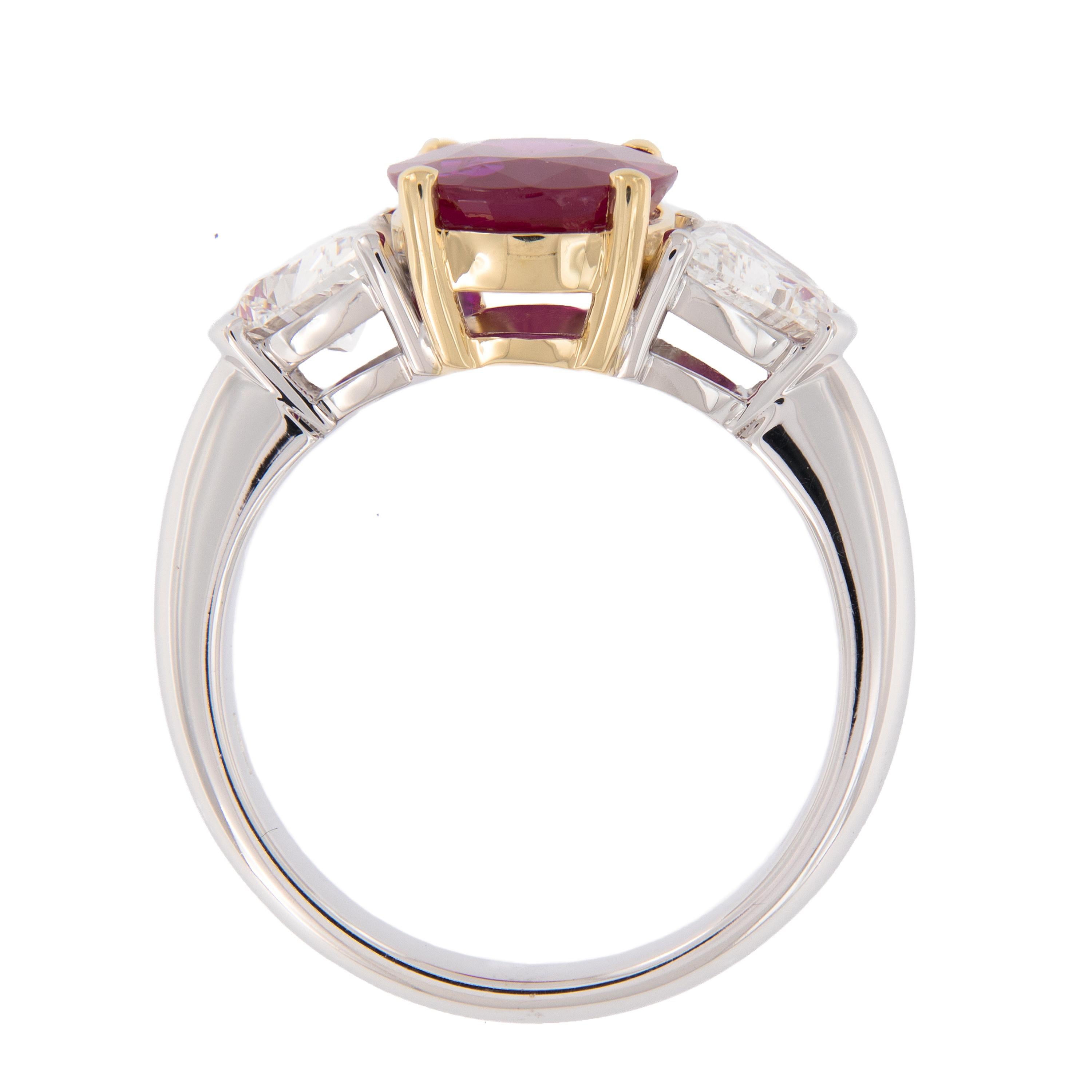 Modern Natural Burma Ruby Diamond 18 Karat Gold Three-Stone Ring