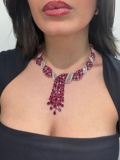 Natural Burma Ruby Diamond Necklace Drop 92.36ct 18K White Gold