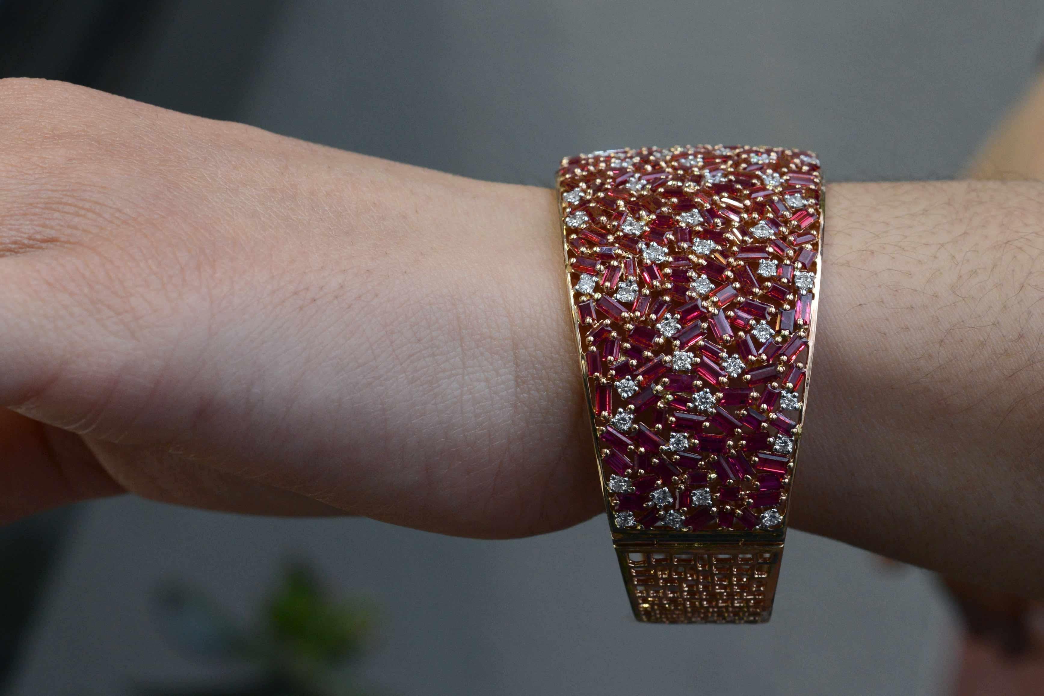 Contemporary Natural Burma Ruby Diamond Cuff Bracelet Certified Unheated Burmese Rose Gold