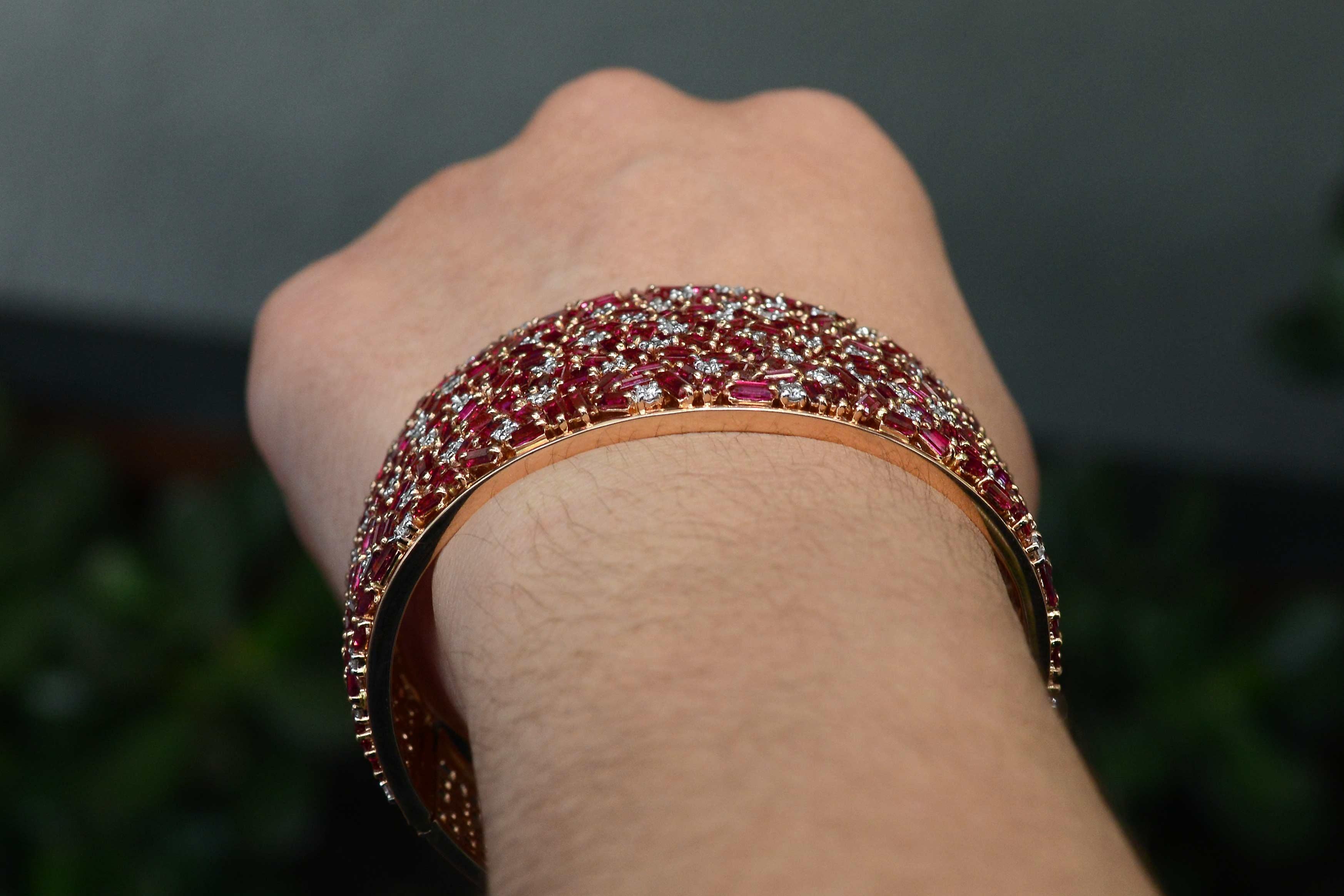 Round Cut Natural Burma Ruby Diamond Cuff Bracelet Certified Unheated Burmese Rose Gold