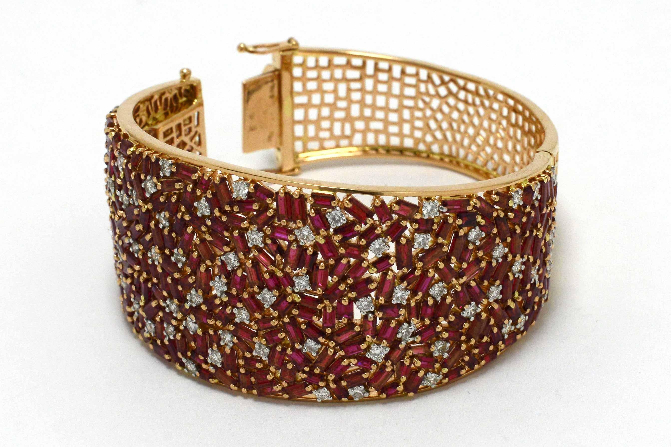 Women's Natural Burma Ruby Diamond Cuff Bracelet Certified Unheated Burmese Rose Gold