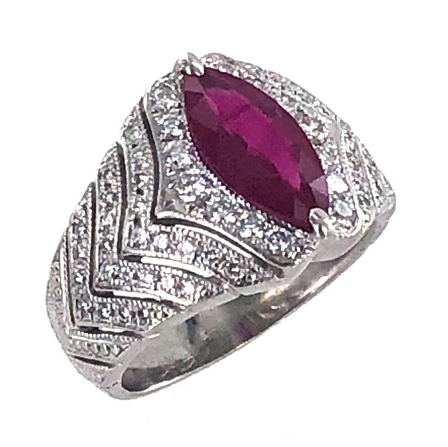 Art Deco Natural Burma Ruby Diamond Platinum Cocktail Ring