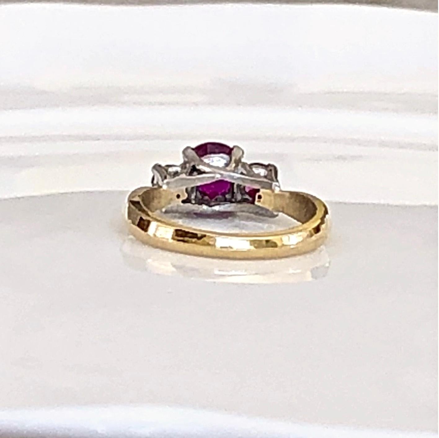 Natural Burma Ruby Three-Stone Ring 18 Karat Gold and Platinum 5