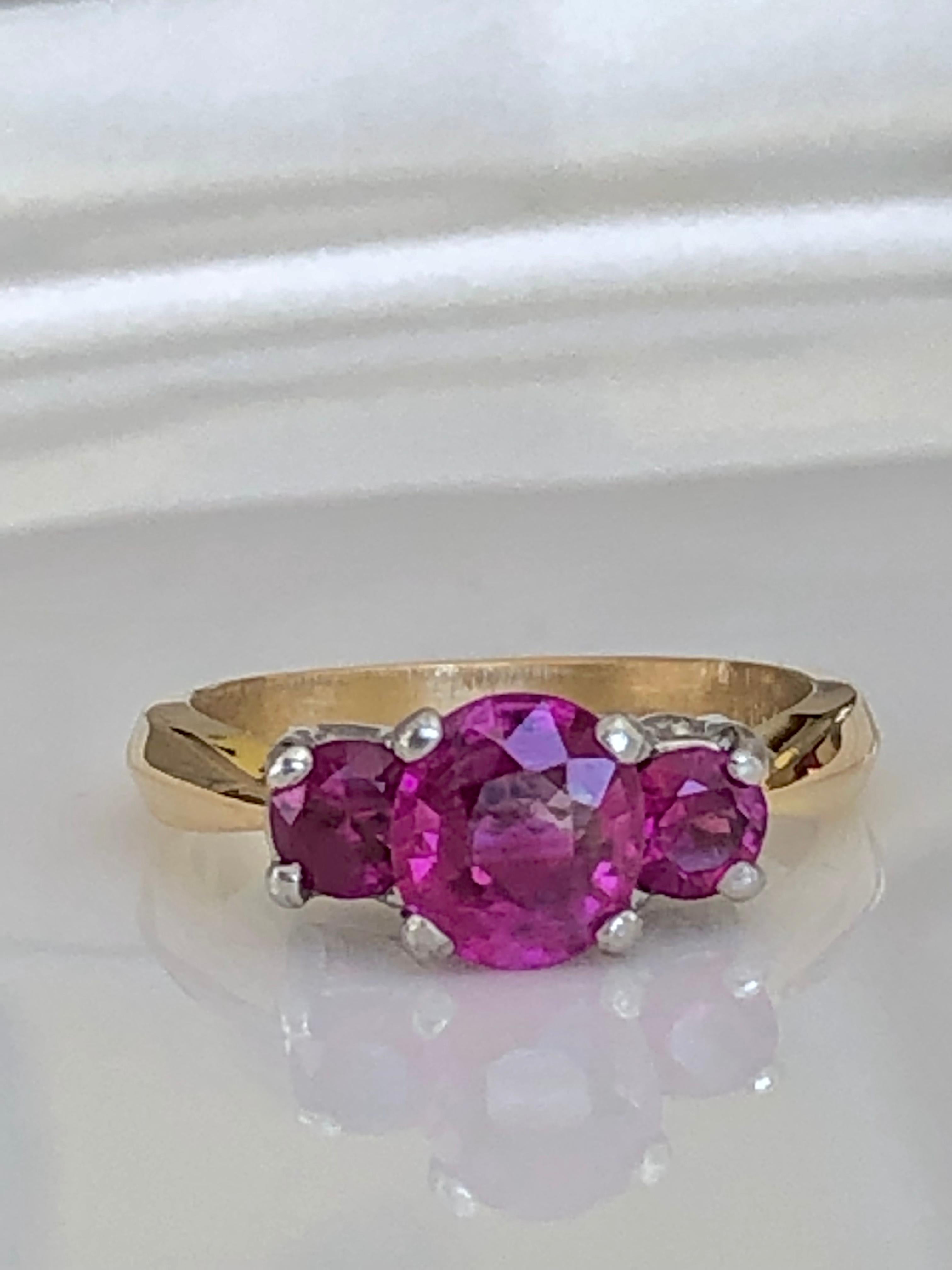 Natural Burma Ruby Three-Stone Ring 18 Karat Gold and Platinum 1