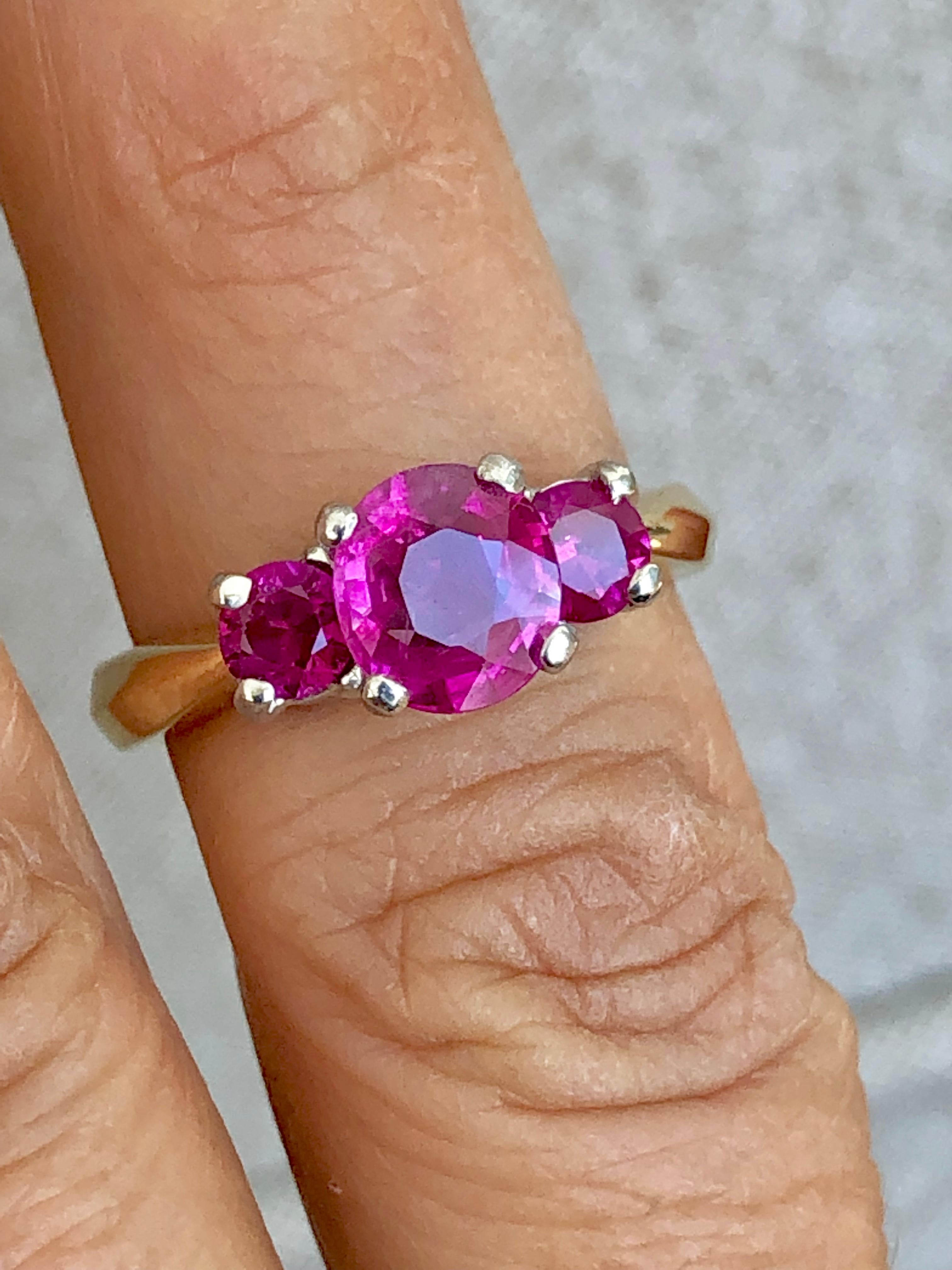 Edwardian Natural Burma Ruby Three-Stone Ring 18 Karat Gold and Platinum