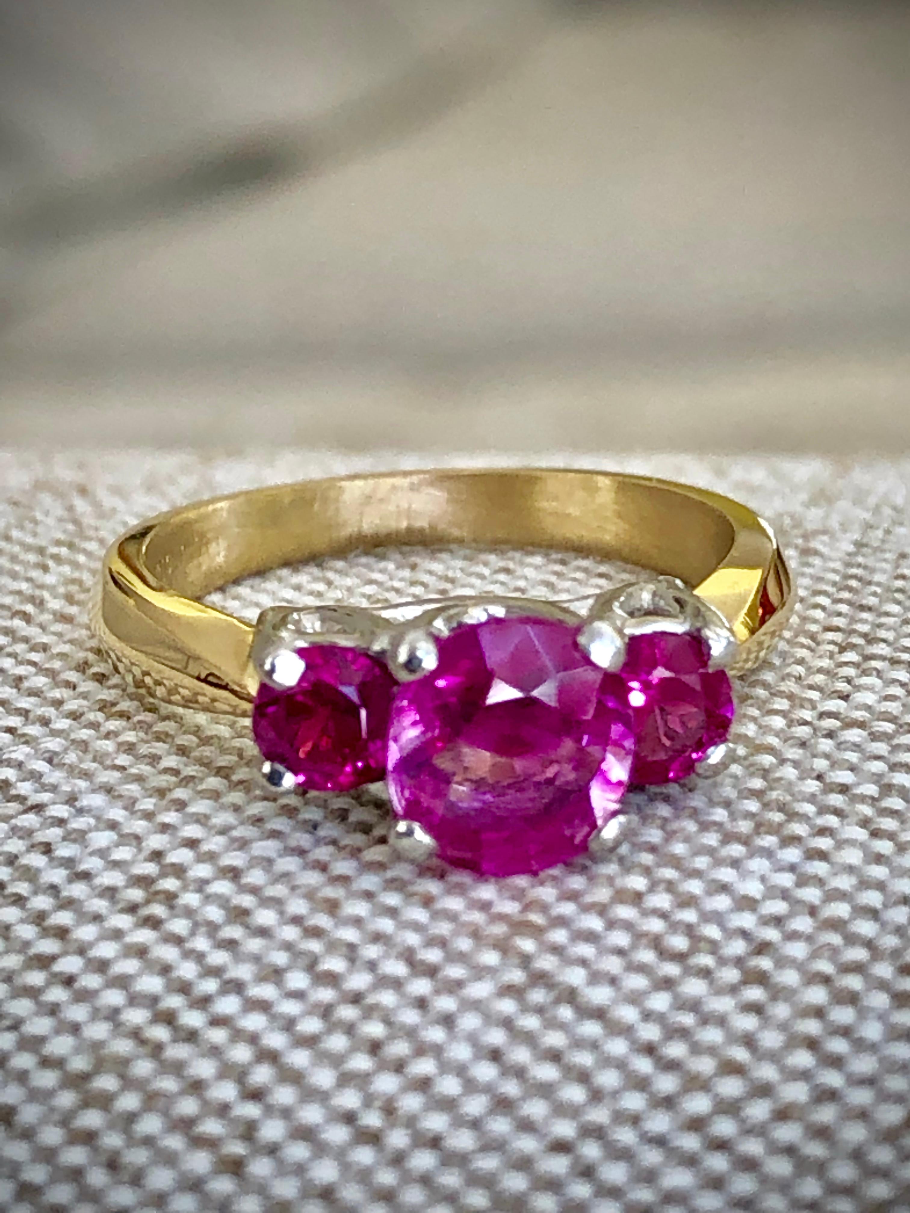 Natural Burma Ruby Three-Stone Ring 18 Karat Gold and Platinum 3