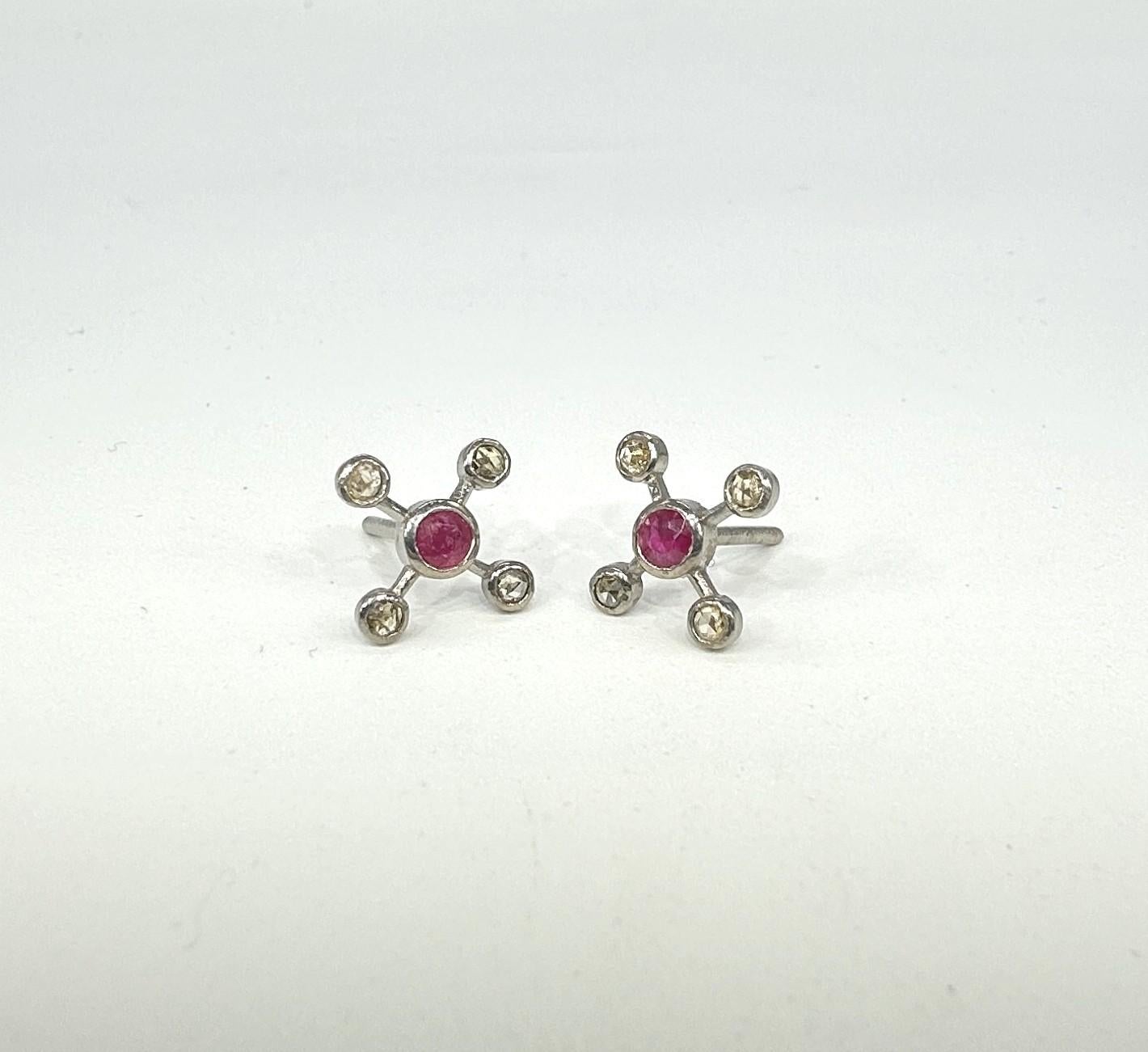 Retro Vintage diamonds real Burma ruby Sterling silver galaxy Stud Earrings For Sale