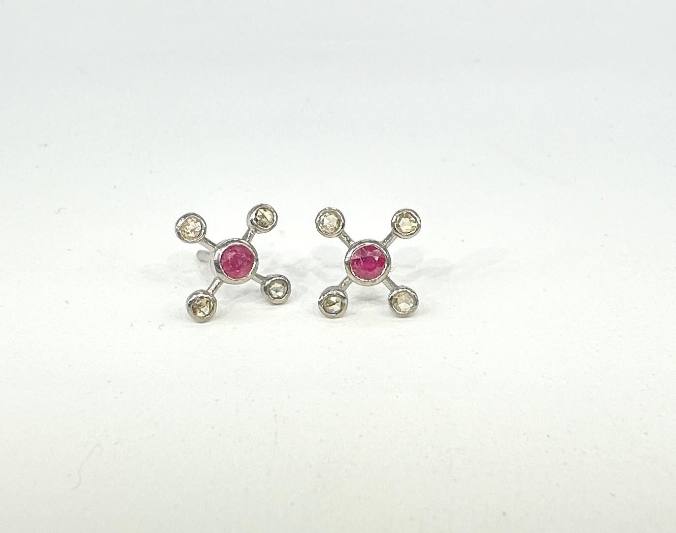 Rose Cut Vintage diamonds real Burma ruby Sterling silver galaxy Stud Earrings For Sale