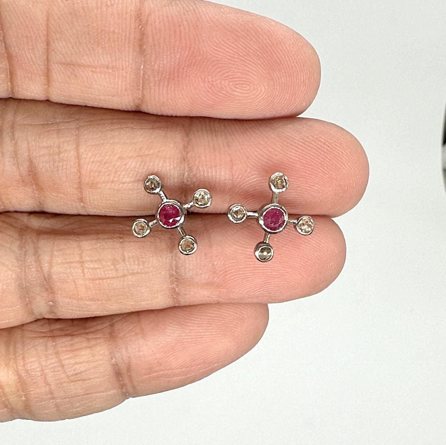 Women's or Men's Vintage diamonds real Burma ruby Sterling silver galaxy Stud Earrings For Sale