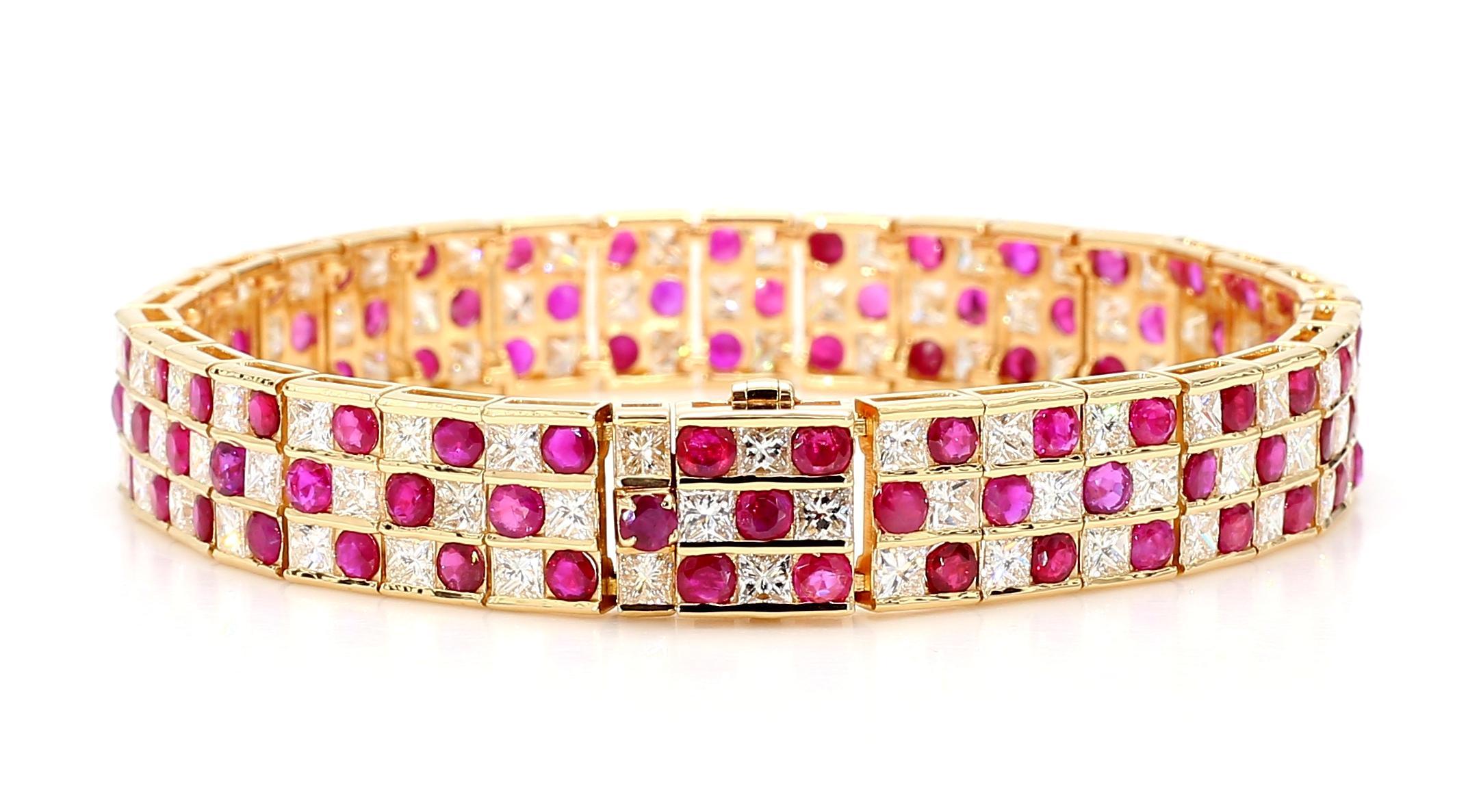 Taille ronde Bracelet en or 18 carats, rubis naturel de Birmanie de 9,27 carats et diamants de 9,11 carats en vente