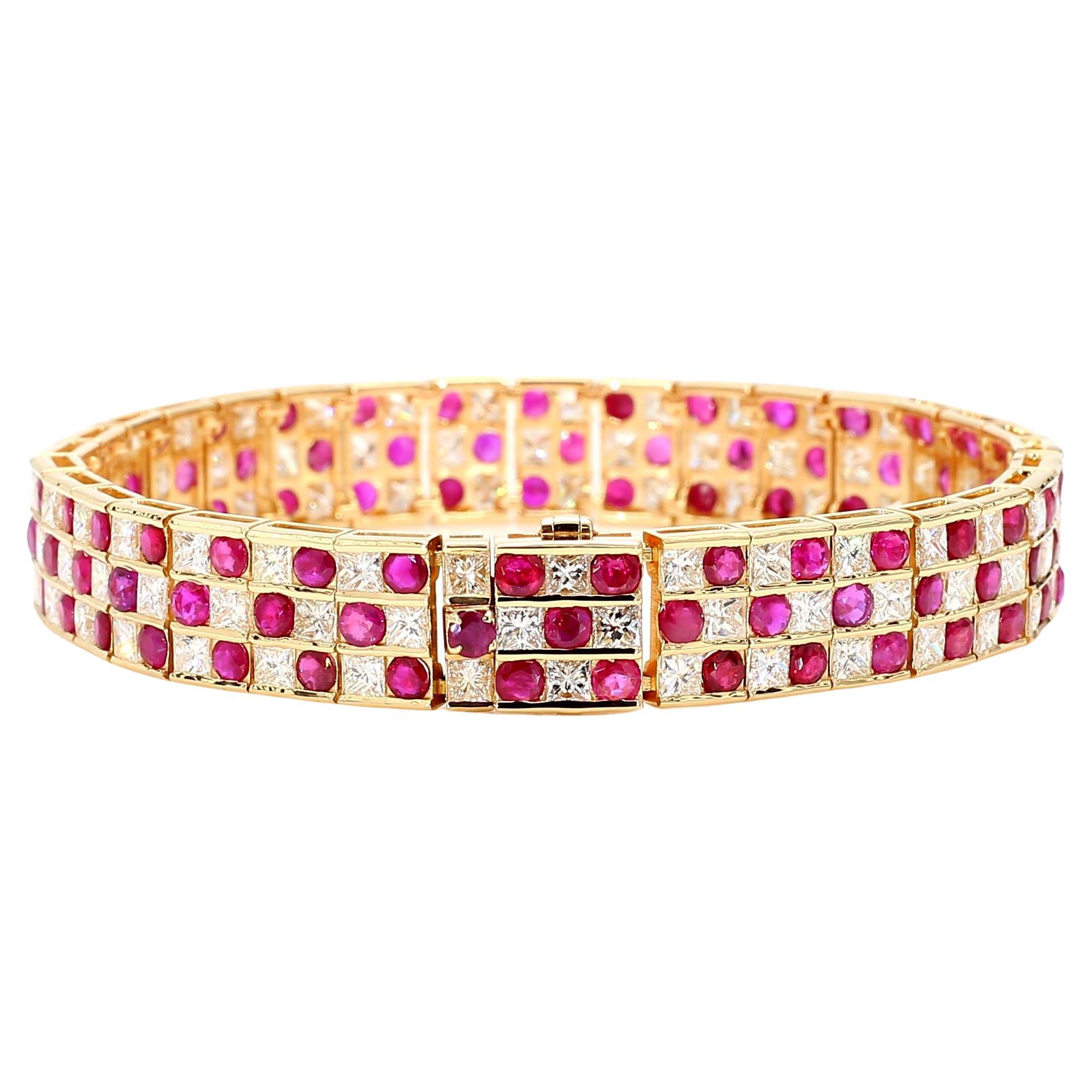 Natural Burmese 9.27 Carat Ruby and 9.11 Carat Diamond 18K Gold Bracelet