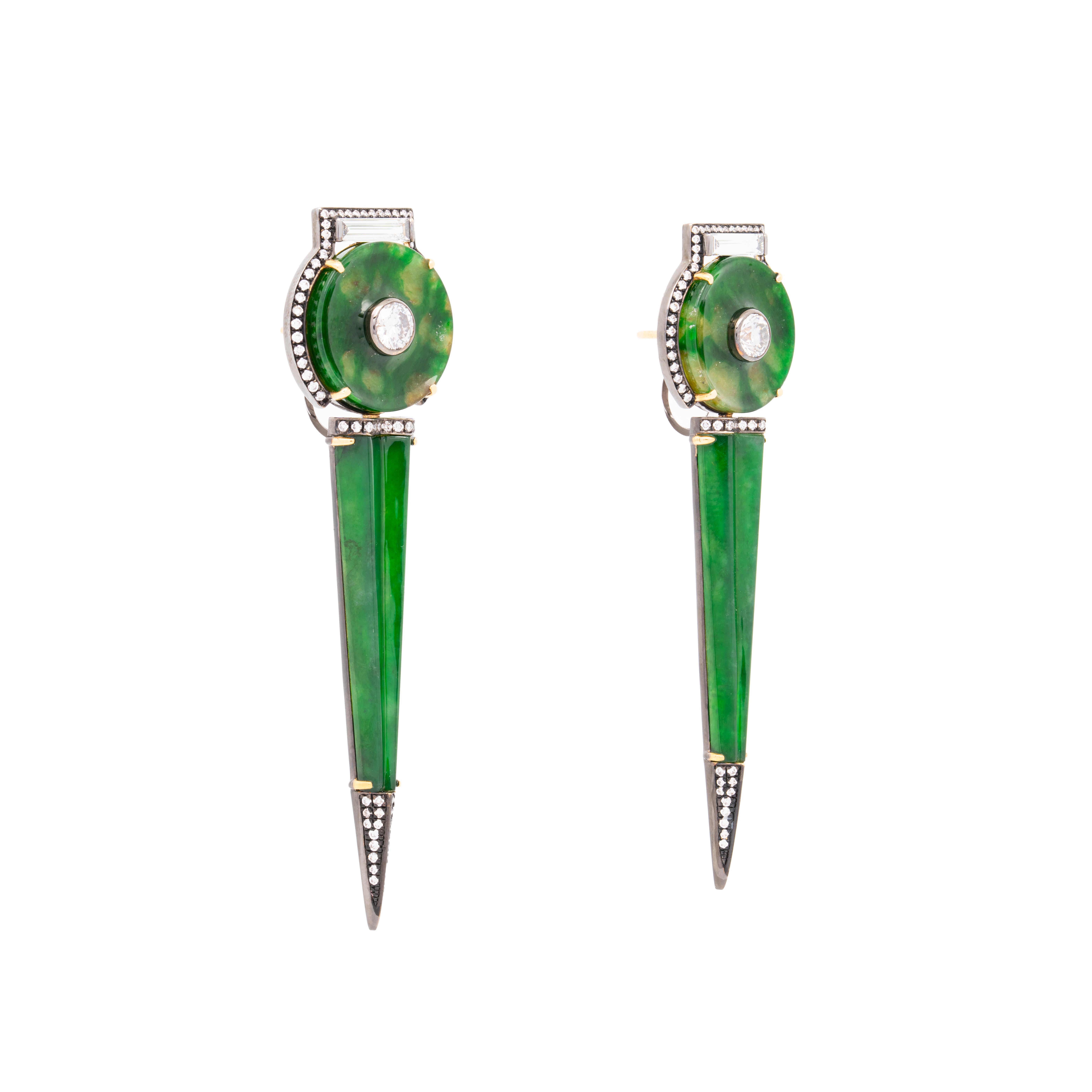 The Imperial Poke Earrings from The Jade Dynasty Collection by Austy Lee are an exquisite and iconic accessory.

Featuring four pieces of high-quality Burmese Green Jade, these earrings are renowned for their transparent texture and captivating