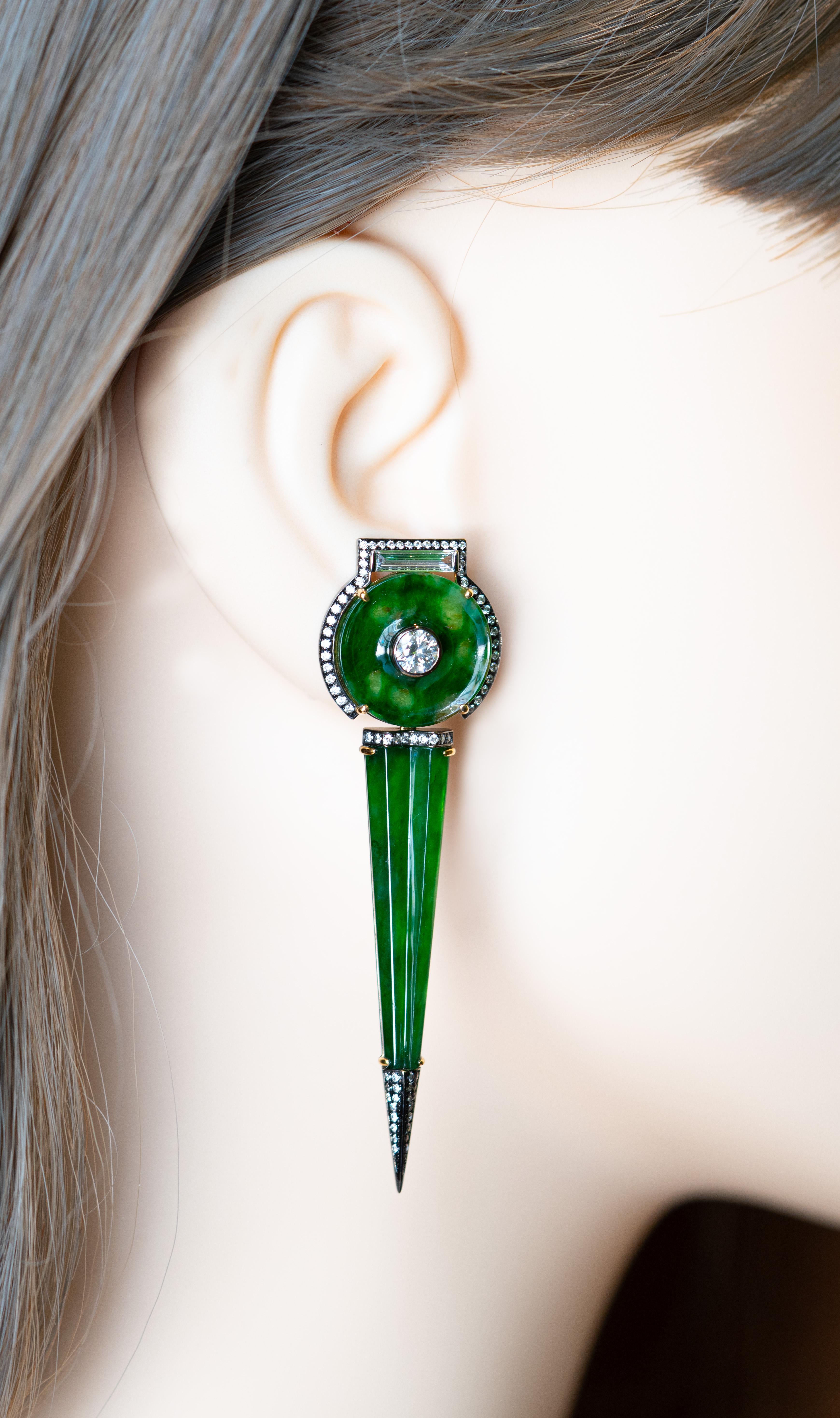 Women's or Men's Natural Burmese Green Jade & Diamond Earrings, 18K Gold, Austy Lee For Sale