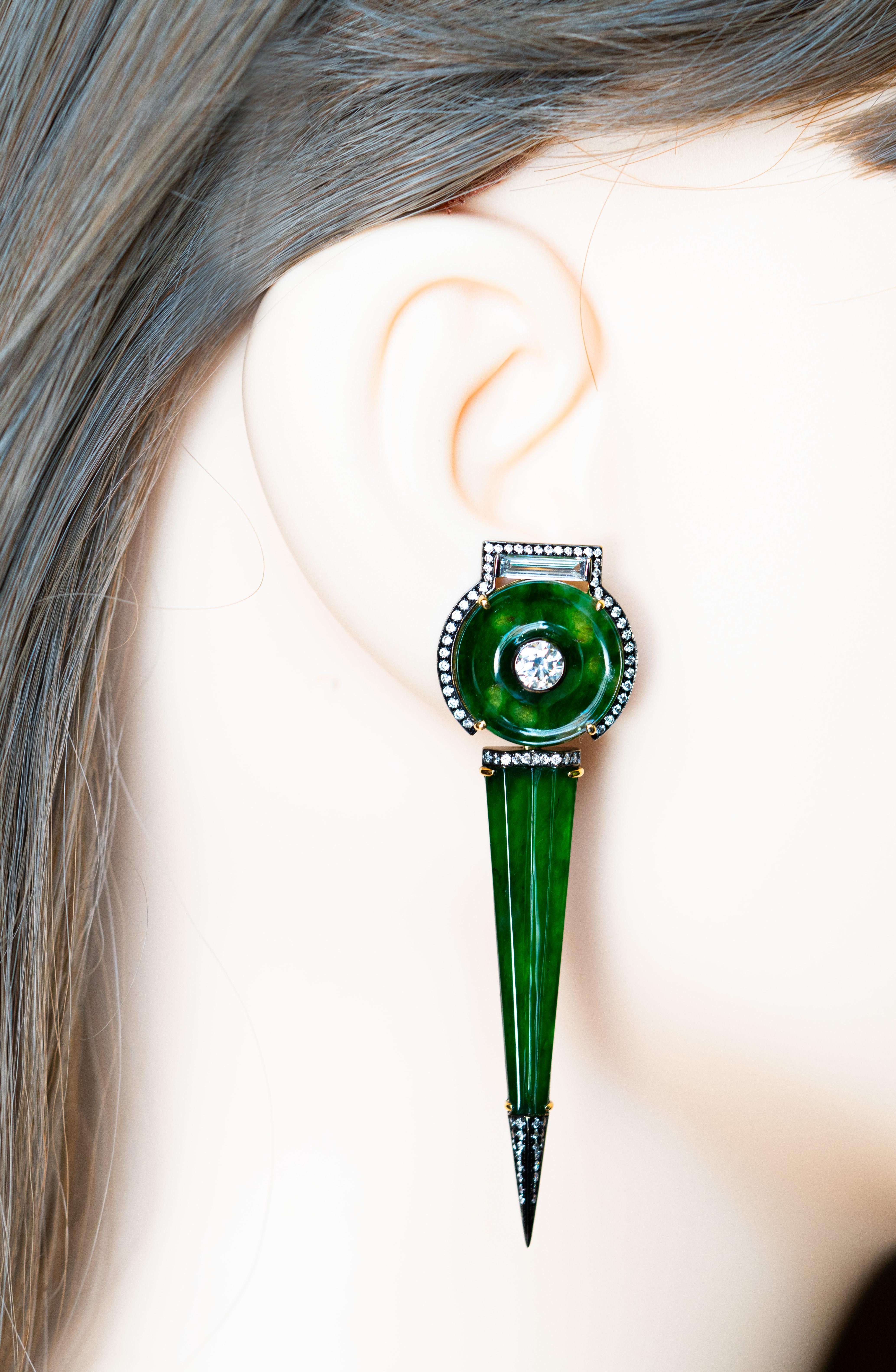 Natural Burmese Green Jade & Diamond Earrings, 18K Gold, Austy Lee For Sale 1