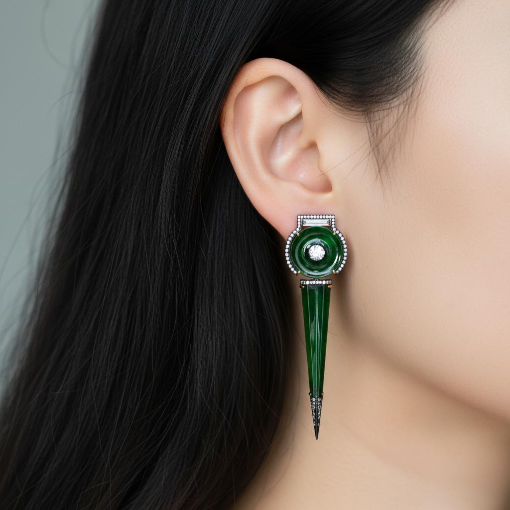 Austy Lee, boucles d'oreilles en or 18 carats, jade vert naturel birman et diamants Unisexe en vente