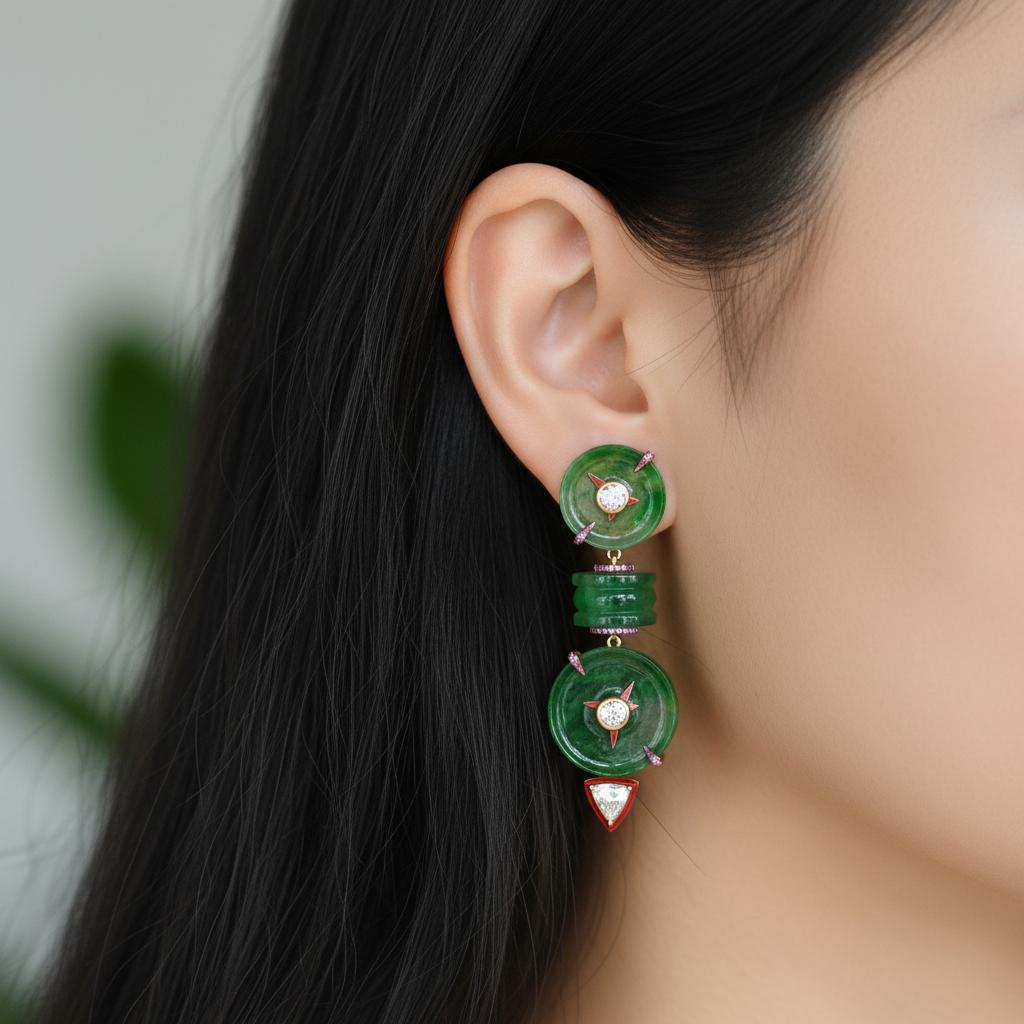 Orecchini di giada verde birmana e diamanti, oro 18 carati, Austy Lee in vendita 1