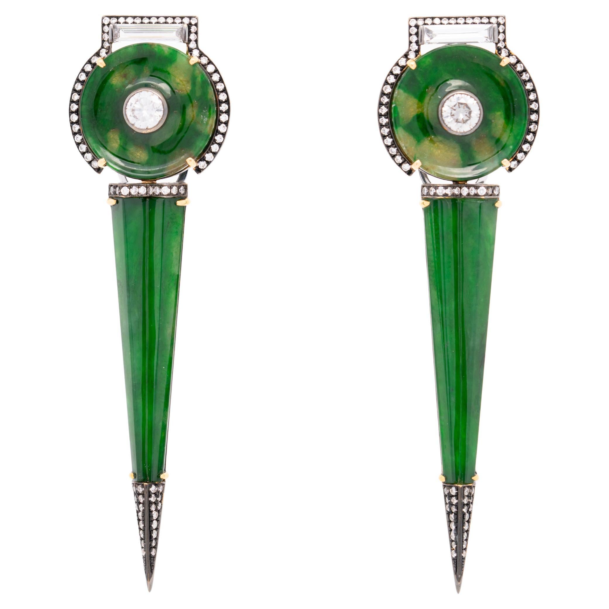 Natural Burmese Green Jade & Diamond Earrings, 18K Gold, Austy Lee